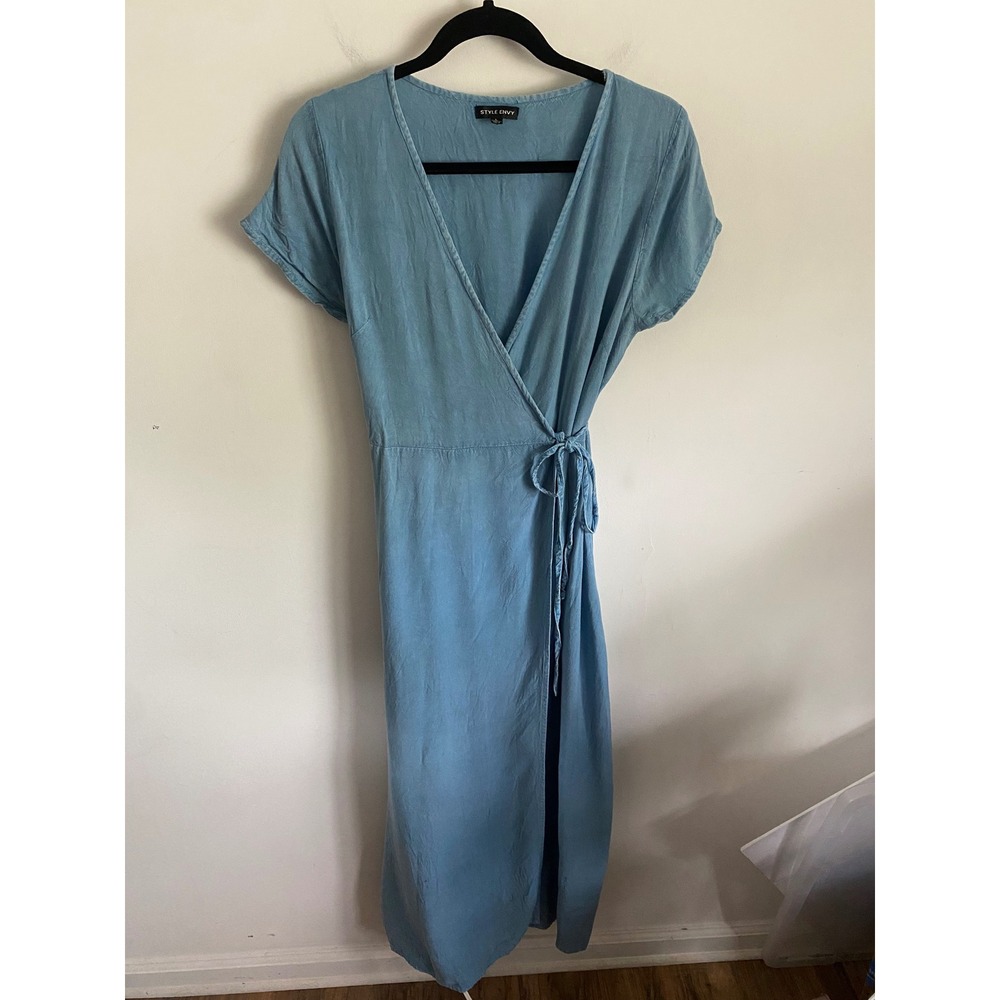 Style Envy Womens Light‎ Blue Rayon Wrap V-Neck Short Sleeve Midi Dress Large